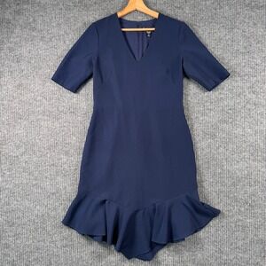 Maggy‎ London Dress 10 Navy Blue Minimalist V-Neck Ruffle Hem Sheath Modern Chic